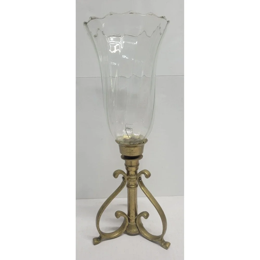 Vintage Brass Hurricane Candle Holder Scroll Tripod Base Scalloped Glass Shade